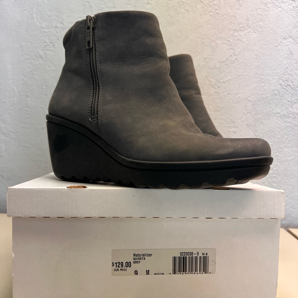 Gray wedge booties. Natuaralizer Size 9. Suede.  Good condition.